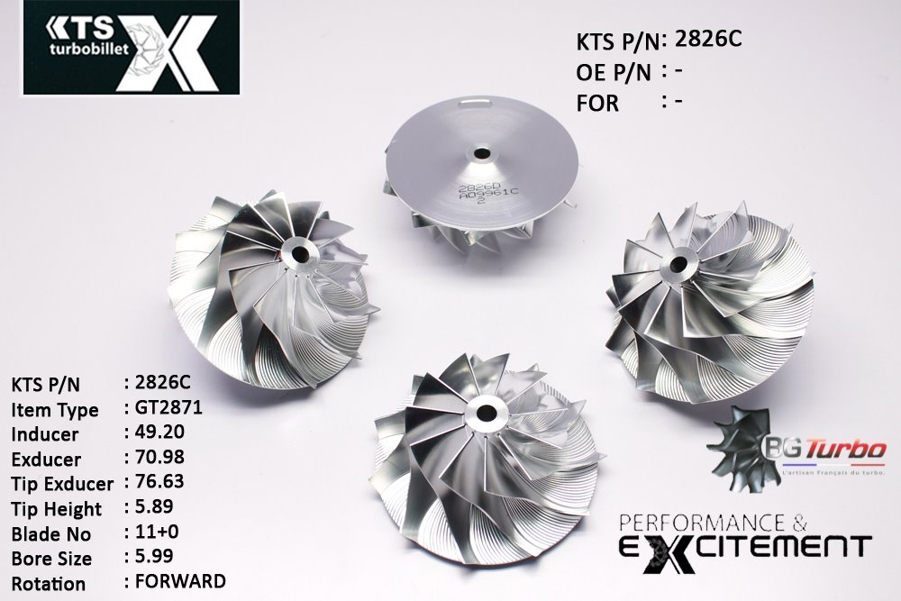 Turbo ROUE FORGÉE MFS PERFORMANCE - 11+0 PALES - INDUCER : 49,2 - EXDUCER : 70,98 - TYPE : GT2871ANGLE : 55° - ROTATION : Forward - SUPER BACK : 2,32 - BORE SIZE : 5,99
